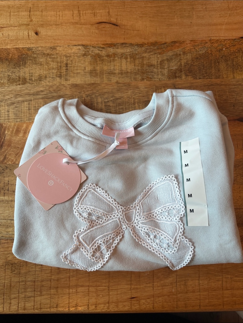 LoveShackFancy Light Blue Sweatshirt with White Lace Bow